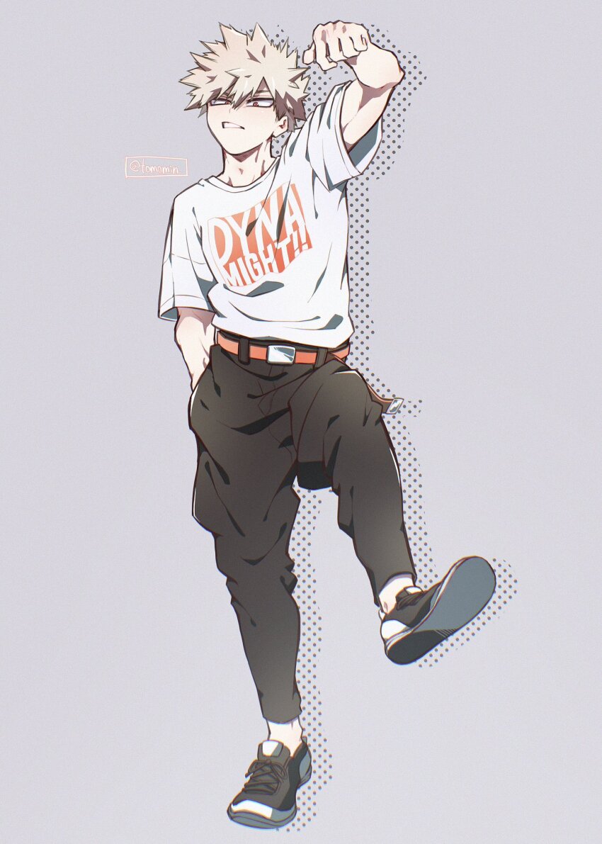 1boy arm_up bakugou_katsuki belt belt_buckle ben-day_dots black_pants blonde_hair boku_no_hero_academia buckle commentary_request crew_neck grey_background hand_in_pocket highres male_focus orange_belt pants parted_bangs print_shirt red_eyes sanpaku screentones shirt shirt_tucked_in shoelaces shoes short_hair short_sleeves sneer solo standing standing_on_one_leg teeth tomomin_1129 uneven_eyes