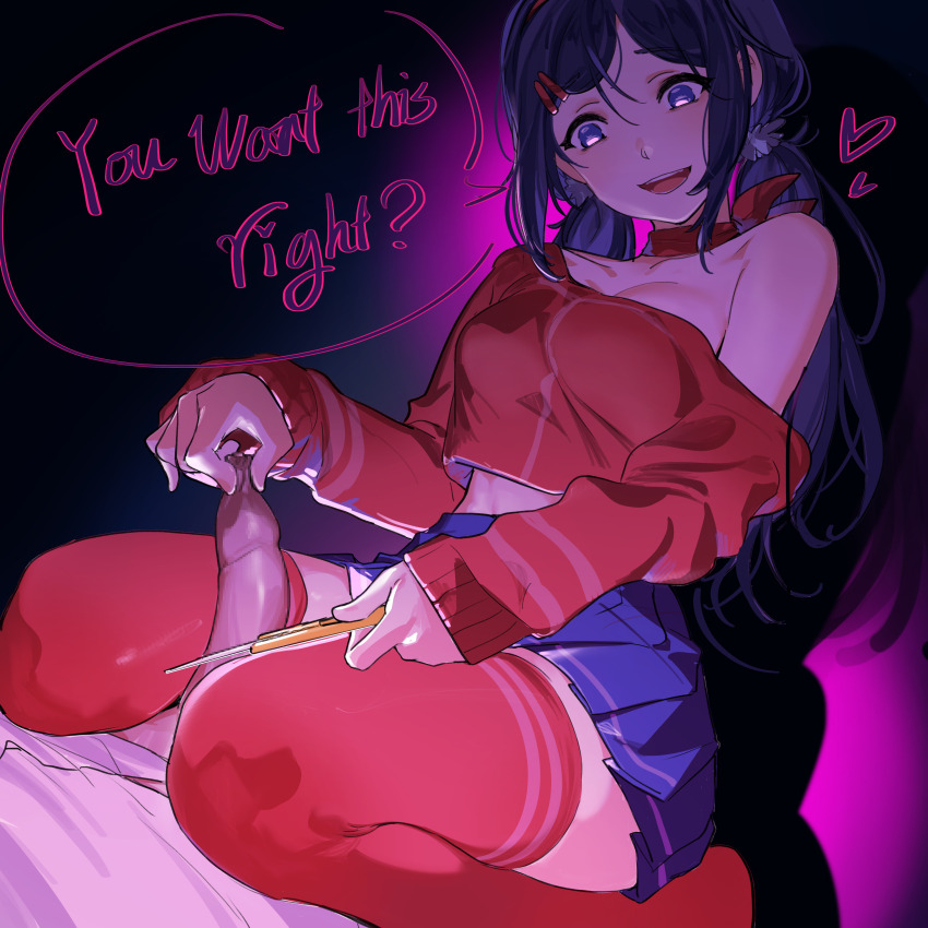 1boy 1girl absurdres bdsm blue_eyes blue_hair blue_skirt boxcutter breasts cbt censored commentary crazy_mita_(miside) crop_top cropped_shirt english_text erection femdom foreskin_pull girl_on_top hair_ornament hairband hairclip highres holding holding_boxcutter low_twintails medium_breasts miside mita_(miside) mosaic_censoring open_mouth penis red_hairband red_shirt red_thighhighs sadism scary_sex shirt single_bare_shoulder single_off_shoulder skirt smile speech_bubble straydogshelter symbol-only_commentary teeth thighhighs twintails upper_teeth_only yandere