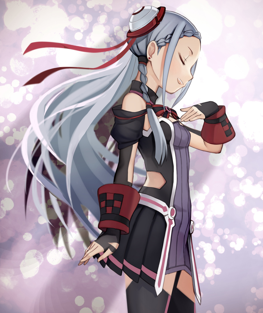 1girl black_thighhighs breasts closed_eyes cowboy_shot detached_sleeves dress female_focus floating_hair hair_bun hair_ribbon highres kari_kenji long_hair neck_ribbon open_mouth purple_dress red_ribbon ribbon short_dress silver_hair single_hair_bun small_breasts smile solo standing striped_ribbon sword_art_online sword_art_online_the_movie:_ordinal_scale thighhighs very_long_hair yuna_(sao)