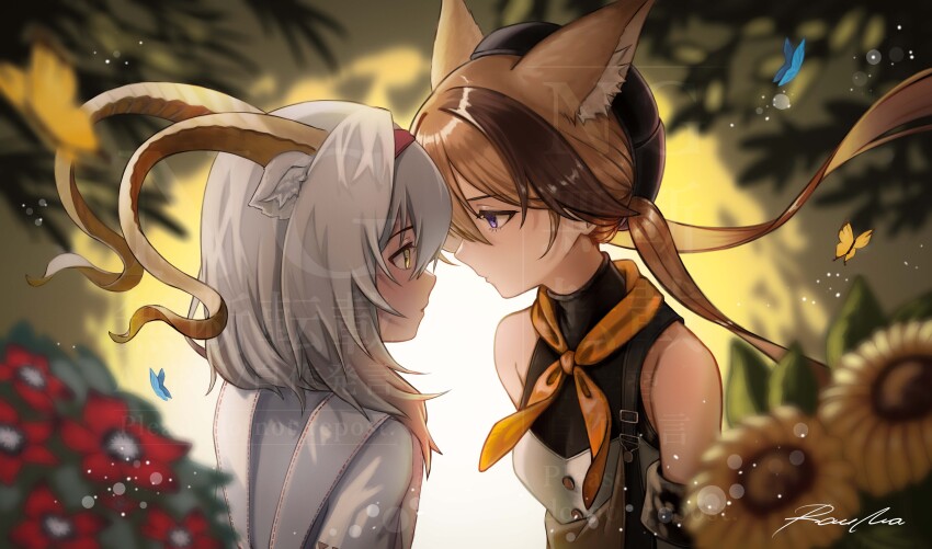 2girls absurdres animal animal_ear_fluff animal_ears arknights beeswax_(arknights) beret black_hat blurry blurry_background blurry_foreground breasts brown_hair bug butterfly cardigan_(arknights) cardigan_(sunny_day)_(arknights) commentary_request depth_of_field eye_contact flower grey_hair hair_between_eyes hat highres horns insect long_hair looking_at_another low_twintails multicolored_hair multiple_girls purple_eyes rau_ma_(the_rauma001) red_flower shirt signature small_breasts twintails two-tone_hair upper_body very_long_hair watermark white_shirt yellow_flower