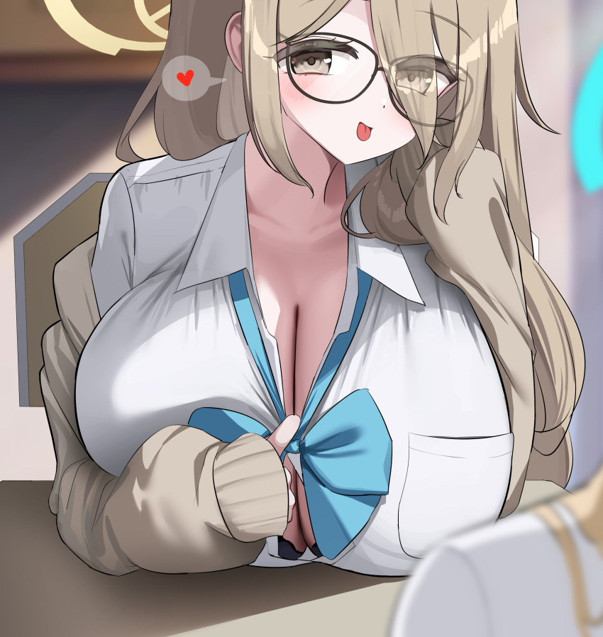 1girl absurdres akane_(blue_archive) akane_(school_uniform)_(blue_archive) blue_archive blue_bow blue_bowtie bow bowtie bra bra_peek breast_pocket breast_rest breasts breasts_on_table brown_cardigan brown_eyes brown_hair brown_halo cardigan cleavage collared_shirt eyes_visible_through_hair glasses hair_over_one_eye halo heart highres huge_breasts long_hair looking_at_viewer nicorima pocket shirt smile solo_focus spoken_heart tongue tongue_out underwear white_shirt