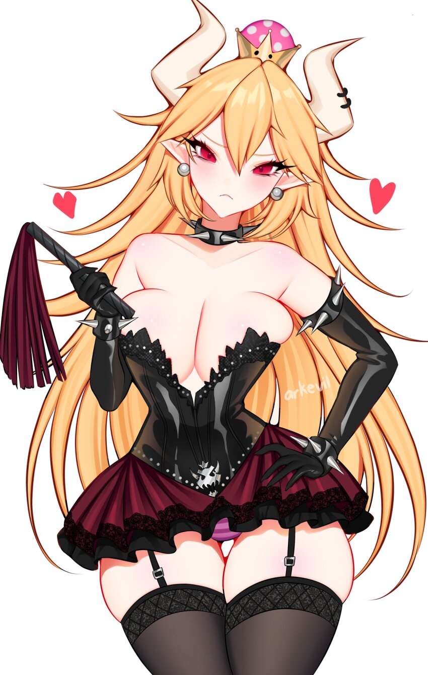 1girl ark_evil02 armlet bare_shoulders blonde_hair blue_eyes bowsette bracelet breasts cleavage collar commentary corset crown dress earrings gloves highres horns jewelry large_breasts leather leather_gloves leather_skirt long_hair mario_(series) new_super_mario_bros._u_deluxe nintendo sharp_teeth solo spiked_bracelet spiked_collar spikes teeth