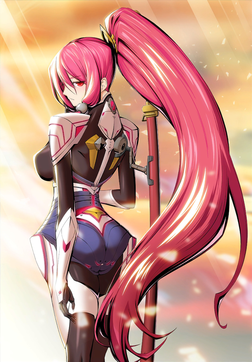1girl armor ass black_bodysuit blazblue blazblue:_bloodedge_experience blazblue:_central_fiction blazblue_alternative:_dark_war bodysuit breasts detached_sleeves hair_ornament hair_tubes highres katana large_breasts long_hair looking_back mori_toshimichi official_art pauldrons ponytail red_eyes red_hair sheath sheathed shoulder_armor solo sunrise sword tokiwa_camellia tsubaki_yayoi very_long_hair weapon white_armor white_justice yukianesa