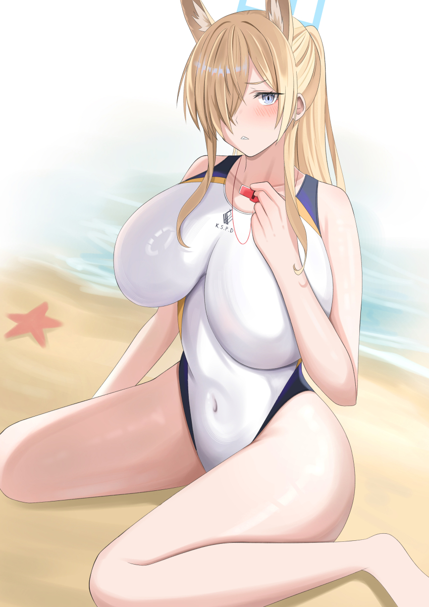 1girl absurdres alternate_breast_size animal_ear_fluff animal_ears barefoot beach blonde_hair blue_archive blue_eyes blue_halo breasts competition_swimsuit covered_navel dog_ears dog_girl extra_ears hair_over_one_eye halo highleg highleg_one-piece_swimsuit highres holding holding_whistle huge_breasts impossible_clothes impossible_swimsuit kanna_(blue_archive) kanna_(swimsuit)_(blue_archive) long_hair looking_at_viewer official_alternate_costume one-piece_swimsuit outdoors sitting solo swimsuit toudou_(omiseyasan_22) wariza whistle whistle_around_neck white_one-piece_swimsuit