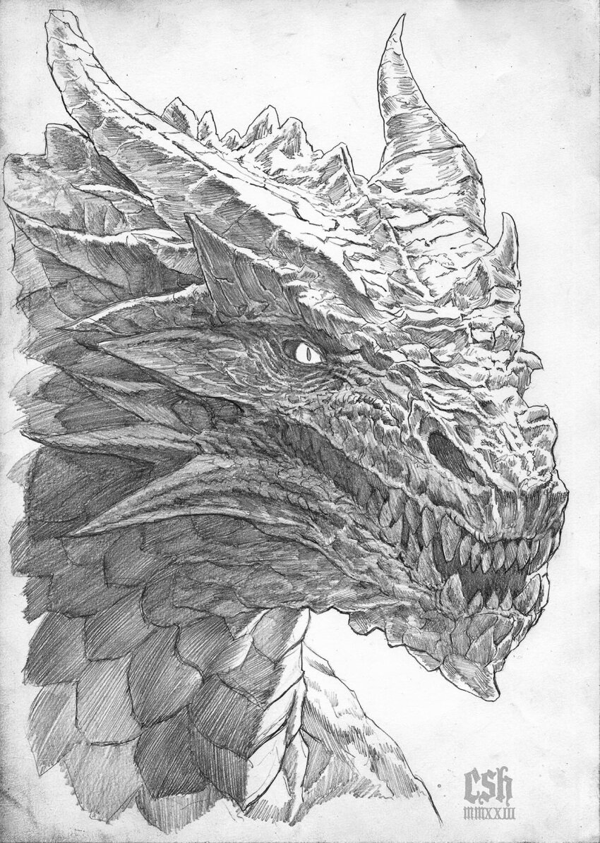 artist_name christian_sloan_hall dragon_horns fafnir_(nibelungenlied) graphite_(medium) highres horns monster no_humans norse_mythology simple_background sketch traditional_media white_background