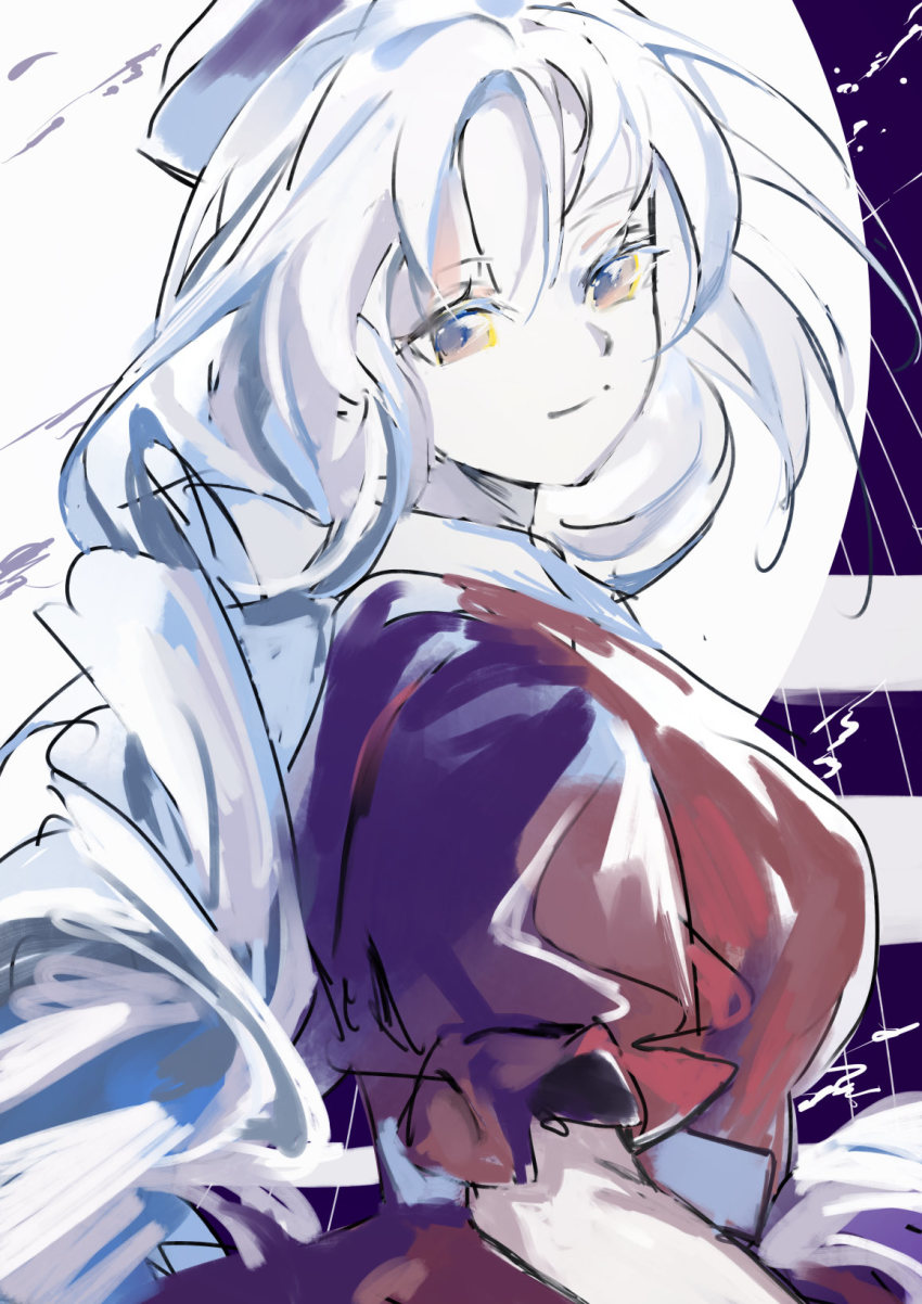 1girl ama_asagi braid braided_ponytail breasts dress frills from_side hair_between_eyes hat highres large_breasts light_smile long_hair one-hour_drawing_challenge puffy_short_sleeves puffy_sleeves short_sleeves simple_background solo touhou upper_body white_background white_hair yagokoro_eirin
