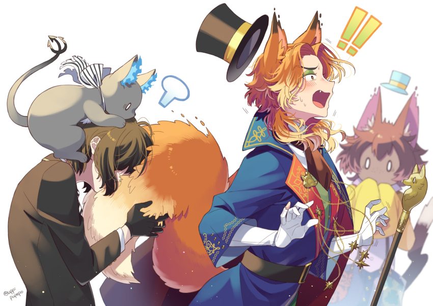 ! !! 0_0 1other 3boys animal_ears arched_back belt black_gloves blue_coat brown_hair cane cape cat cat_ears cat_tail coat covering_own_mouth fellow_honest fire fox_ears fox_tail gidel_(twisted_wonderland) gloves grim_(twisted_wonderland) hat high_belt highres long_hair long_sleeves multiple_boys neck_ribbon orange_hair parted_bangs ribbon school_uniform short_hair surprised sweatdrop tail tail_grab top_hat twisted_wonderland uppi visible_air yuu_(twisted_wonderland)