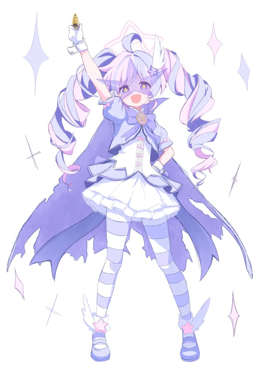 +_+ 1girl absurdres ahoge arm_up blue_archive bow cape dress four-pointed_star full_body hair_ornament highres juliet_sleeves long_sleeves noiriririri pantyhose parody pink_hair puffy_sleeves purple_bow purple_hair reisa_(blue_archive) reisa_(magical)_(blue_archive) shoes simple_background skirt solo star-shaped_pupils star_(symbol) star_hair_ornament striped_clothes striped_pantyhose symbol-shaped_pupils tengen_toppa_gurren_lagann twintails white_background wing_hair_ornament winged_shoes wings