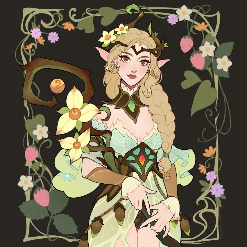 1girl absurdres afk_(series) afk_journey bare_shoulders belphelion black_background blonde_hair braid breasts breasts_apart brown_eyes closed_mouth cowboy_shot dress elf floral_border flower hair_flower hair_ornament headpiece highres holding holding_staff jewelry juliet_sleeves long_hair long_sleeves looking_at_viewer orb parisa_(afk) pink_flower pointy_ears puffy_sleeves purple_flower side_braid solo staff straight-on white_flower yellow_flower