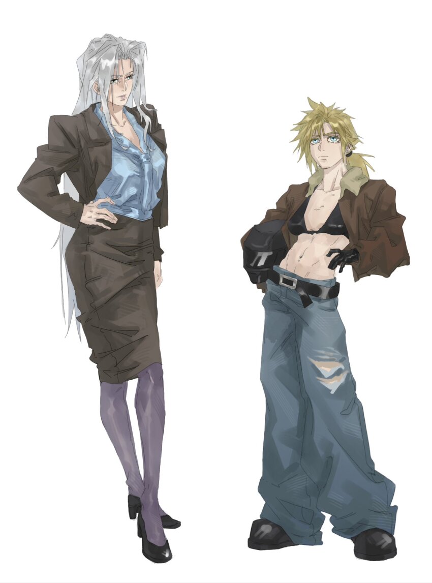 2girls abs alternate_costume bikini black_bikini black_gloves blonde_hair blue_eyes breasts cloud_strife denim final_fantasy final_fantasy_vii formal_clothes genderswap genderswap_(mtf) gloves grey_hair hand_on_own_hip highres jacket jeans long_hair multiple_girls open_clothes open_jacket pants pantyhose pencil_skirt ponytail sephiroth shirt_tucked_in skirt skirt_suit spiked_hair suit swimsuit torn_clothes torn_jeans torn_pants xiojio293506