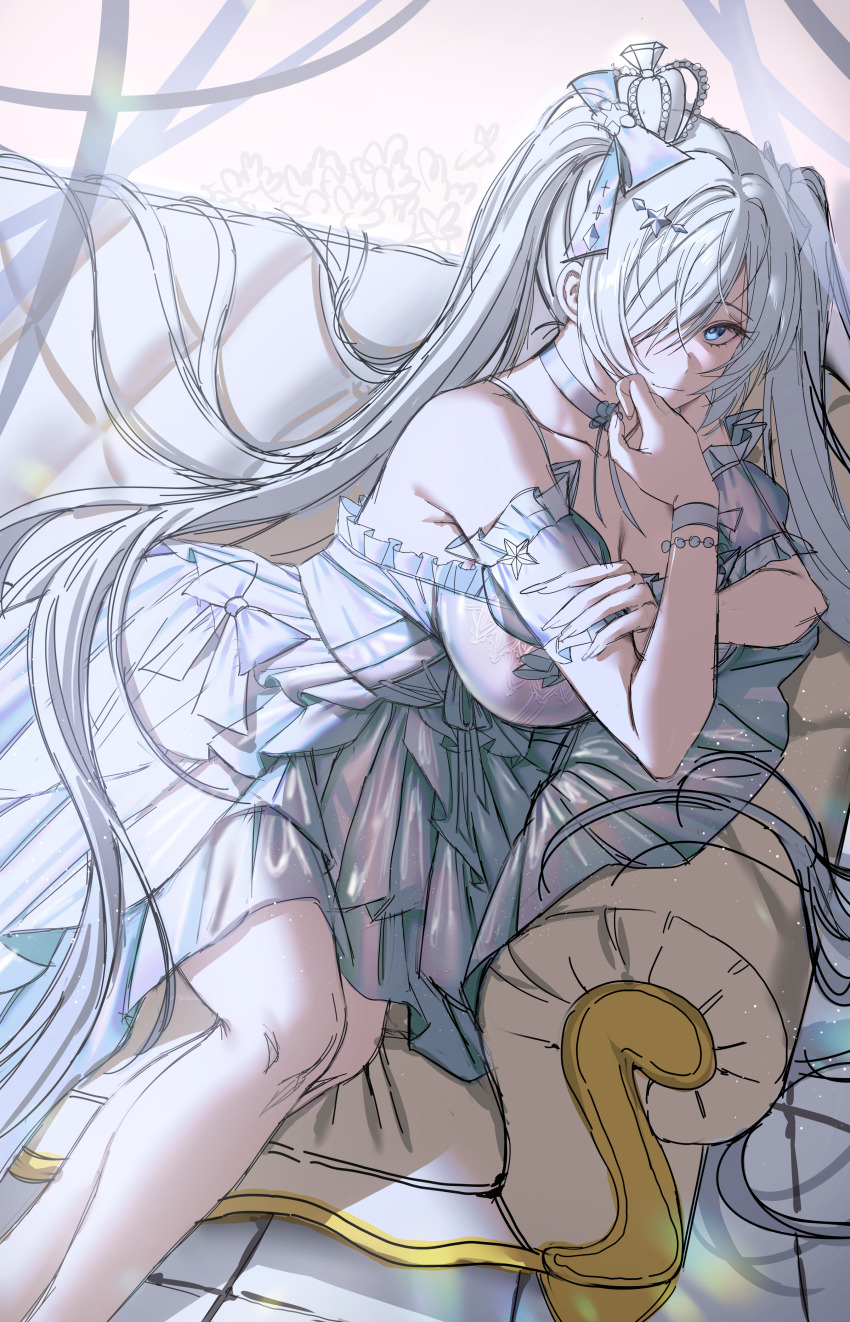 1girl absurdres armband cinderella_(glass_princess)_(nikke) cinderella_(nikke) couch crown dress frilled_armband frills goddess_of_victory:_nikke hair_over_one_eye highres mini_crown nompang official_alternate_costume official_alternate_eye_color see-through_clothes see-through_cuffs see-through_dress sitting smile solo