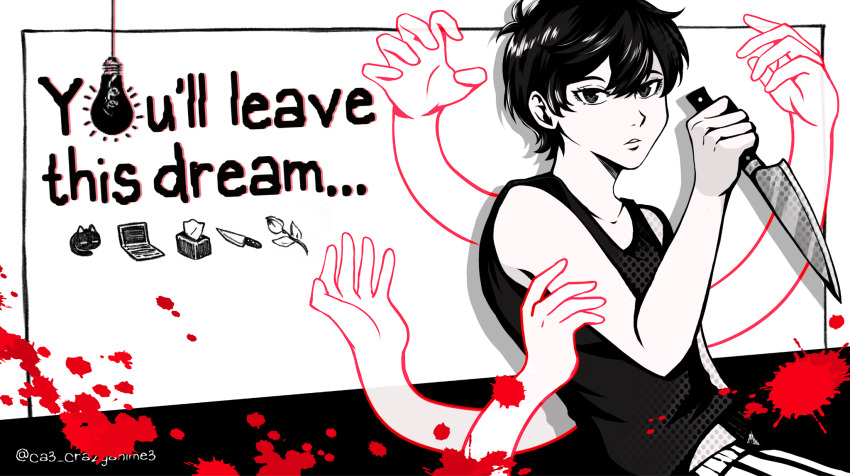 1boy black_eyes black_hair blood cat colored_skin computer crazyanime3 english_text expressionless flower highres holding holding_knife knife laptop looking_at_viewer male_focus mewo omori omori_(omori) parted_lips persona short_hair soejima_shigenori_(style) solo tank_top tissue tissue_box white_skin