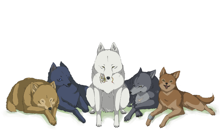 00s animal animal_focus blue_(wolf&#039;s_rain) blue_eyes blue_theme bracelet brown_eyes dog flower hige jewelry kiba lying multiple_dogs scar shiroinu sitting toboe tongue tsume wolf wolf&#039;s_rain yellow_eyes