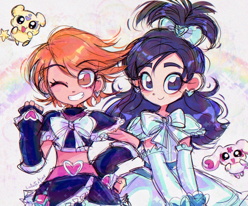 1boy 3girls bow brooch brown_eyes brown_hair cure_black cure_white dress earrings fingerless_gloves futari_wa_precure gloves heart jewelry linterteatime long_hair looking_at_viewer magical_girl mepple midriff mipple misumi_nagisa multiple_girls precure short_hair skirt smile yukishiro_honoka