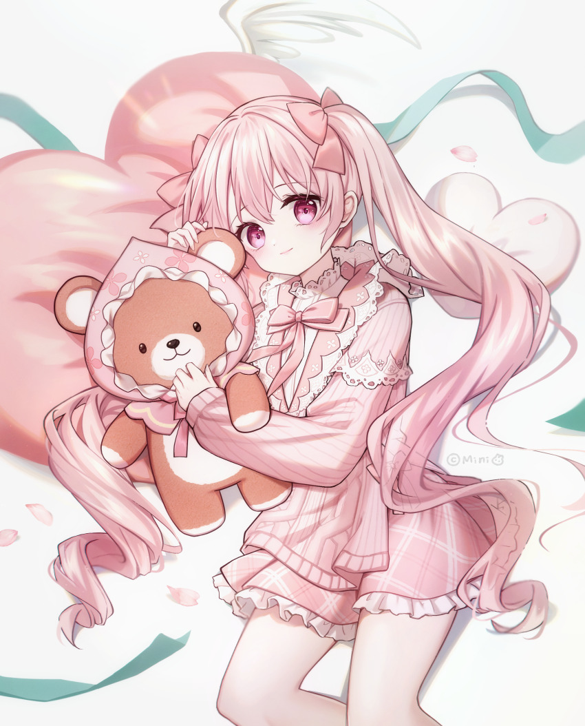 1girl absurdres arm_up bow commission danby_merong feet_out_of_frame frilled_skirt frills grey_background hair_between_eyes hair_bow hand_up heart heart-shaped_pillow highres jacket long_hair long_sleeves looking_at_viewer original pillow pink_bow pink_hair pink_jacket pink_skirt puffy_long_sleeves puffy_sleeves purple_eyes shirt skirt sleeves_past_wrists solo stuffed_animal stuffed_toy teddy_bear twintails very_long_hair white_shirt