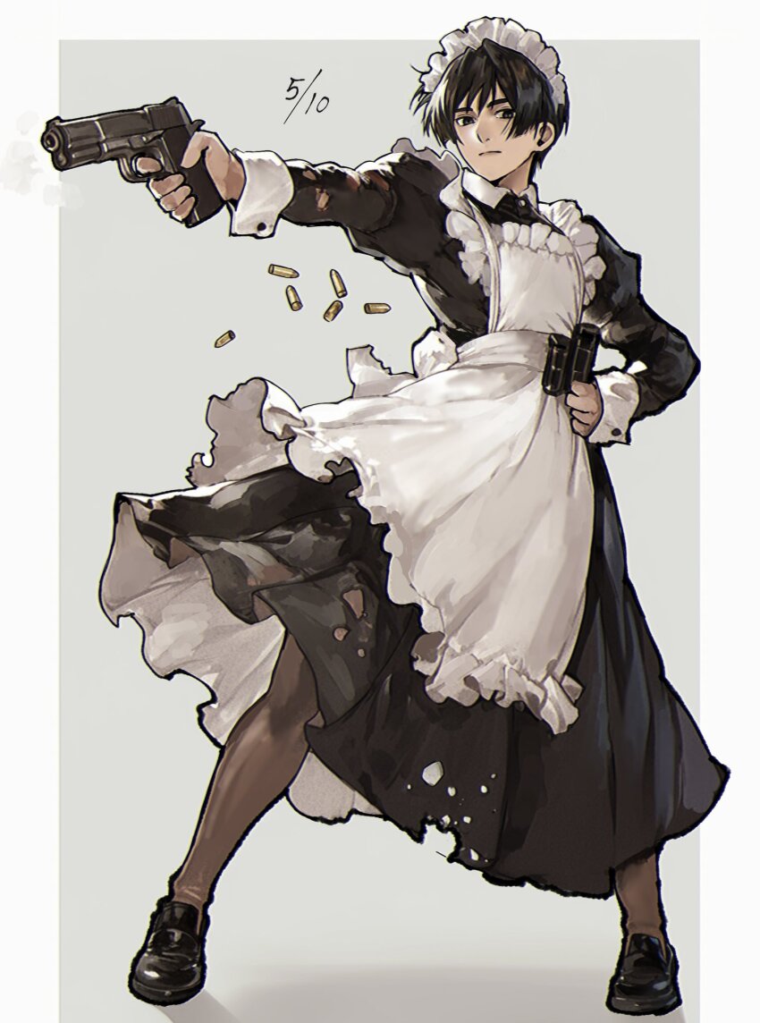 1boy aiming alternate_costume apron axis_powers_hetalia back_bow black_dress black_eyes black_hair black_shoes blunt_ends border bow brown_pantyhose bullet buttons closed_mouth collared_dress crossdressing dress en_llll enmaided frills full_body grey_background gun hand_on_own_hip hand_up handgun highres holding holding_gun holding_weapon japan_(hetalia) juliet_sleeves long_sleeves looking_at_viewer maid maid_headdress male_focus outside_border pantyhose puffy_sleeves shadow shoes short_hair simple_background solo standing torn_clothes weapon white_apron white_border white_bow