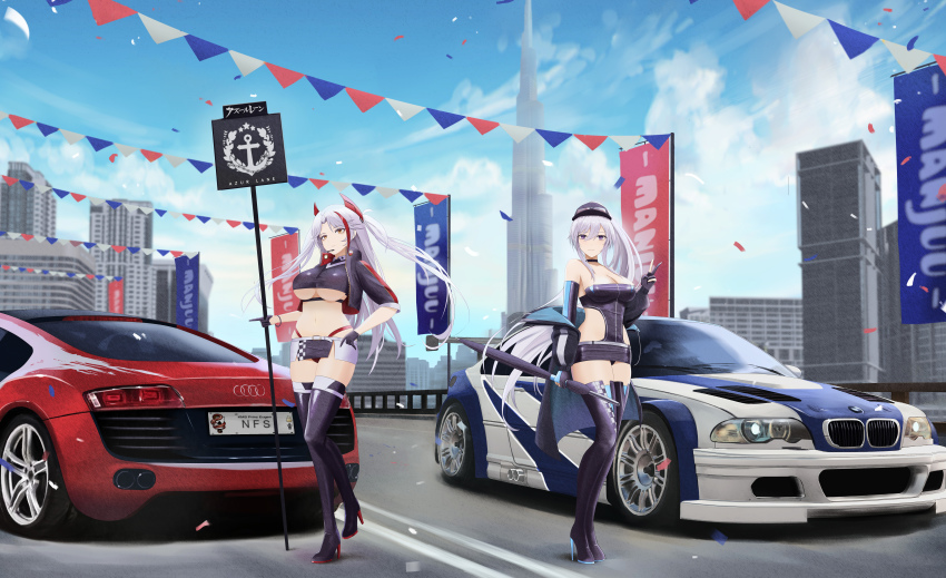 2girls absurdres arm_up audi azur_lane bare_shoulders black_footwear black_gloves black_headwear black_jacket black_tank_top blue_sky bmw bmw_3_series bmw_e46 bmw_m3 boots breasts building car cleavage clothes_pull collarbone confetti crop_top enterprise_(azur_lane) enterprise_(wind_catcher)_(azur_lane) eyewear_on_head fingerless_gloves flag full_body gloves hair_ornament hairclip hand_on_own_hip headset high_heel_boots high_heels highres holding holding_flag holding_umbrella jacket jacket_pull kcar66t large_breasts long_hair looking_at_viewer motor_vehicle multicolored_hair multiple_girls navel need_for_speed need_for_speed:_carbon need_for_speed:_most_wanted_(2005) official_alternate_costume open_mouth orange_eyes parted_lips ponytail prinz_eugen_(azur_lane) prinz_eugen_(final_lap)_(azur_lane) purple_eyes race_queen short_sleeves sky smile standing standing_on_one_leg streaked_hair sunglasses tank_top thigh_boots umbrella underboob v vehicle_focus white_hair