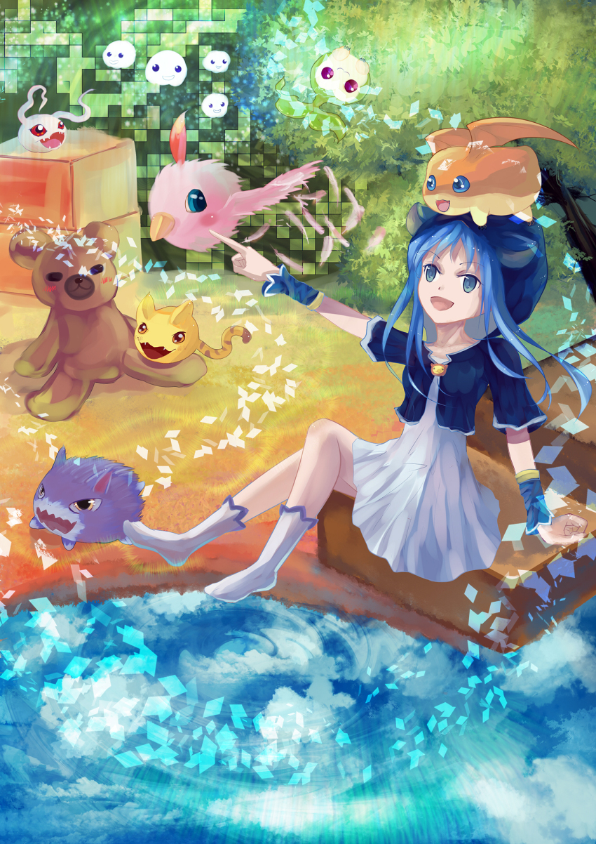 blue_eyes digimon digimon_(creature) dorimon floating happy highres jacket koromon leaf nyaromon patamon poromon poyomon smile tanemon wings