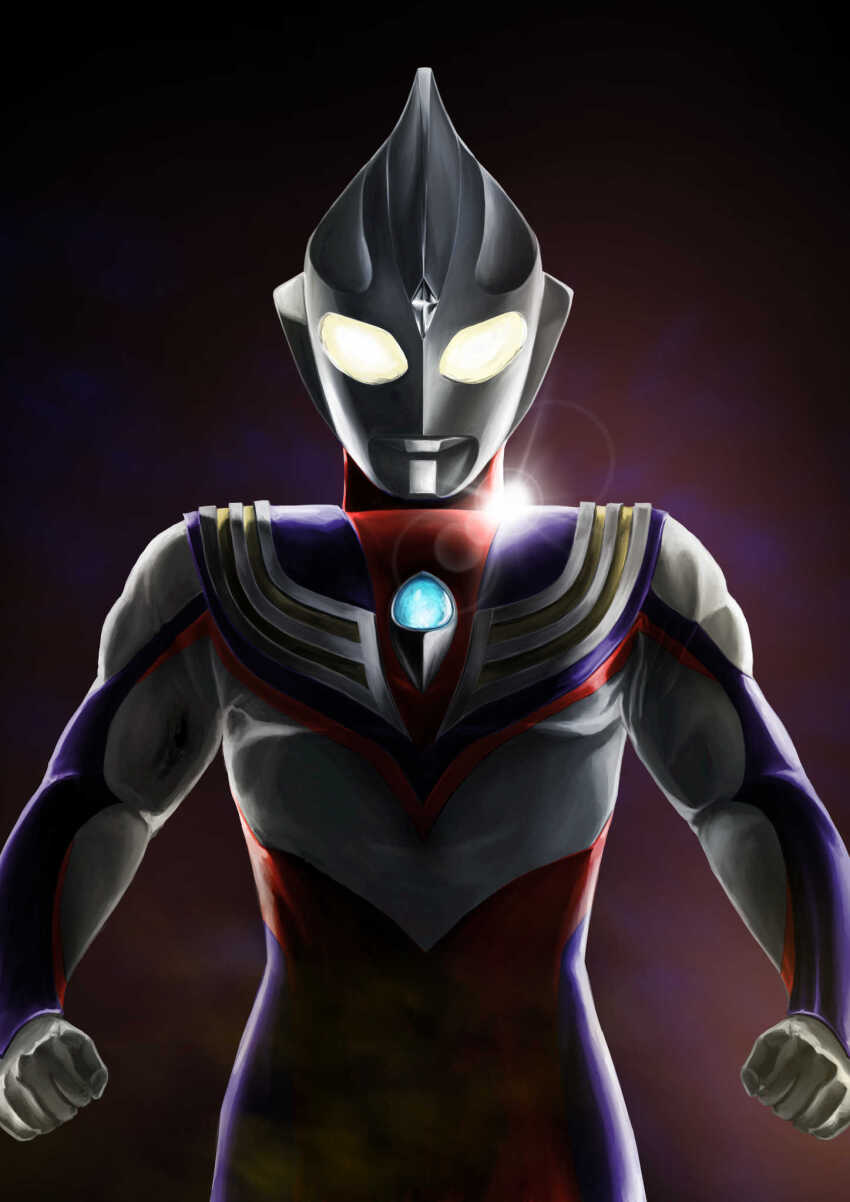 1boy alien armor breastplate clenched_hands color_timer colored_skin commentary compound_eyes cowboy_shot crystal dark_background dorsal_fin forehead_jewel gattyo gem glowing glowing_eyes highres lens_flare looking_at_viewer looking_down male_focus multicolored_skin pectorals purple_skin red_skin silver_skin silver_trim solo standing tokusatsu ultra_series ultraman_tiga ultraman_tiga_(multi_type) ultraman_tiga_(series) wrinkled_skin yellow_eyes