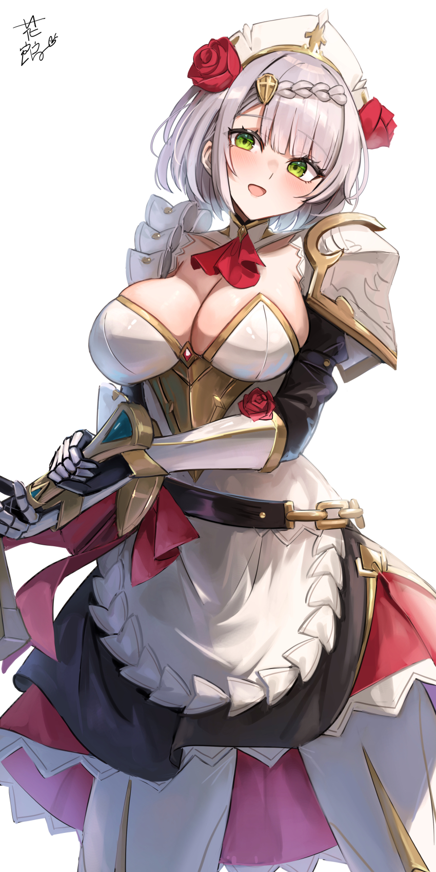 1girl :d absurdres apron armor armored_boots armored_dress ascot belt black_belt black_dress blunt_bangs blush boots braid breastplate breasts claymore_(sword) cleavage commentary_request cowboy_shot crown_braid dress eyelashes flower gauntlets genshin_impact green_eyes grey_hair hair_flower hair_ornament hana_hebi hat highres holding holding_sword holding_weapon large_breasts long_sleeves looking_at_viewer maid maid_headdress medium_hair noelle_(genshin_impact) open_mouth red_ascot red_dress red_flower red_rose rose shield_hair_ornament short_dress short_hair shoulder_armor simple_background smile solo sword thigh_boots two-tone_dress vambraces weapon white_apron white_background white_boots white_hair white_hat