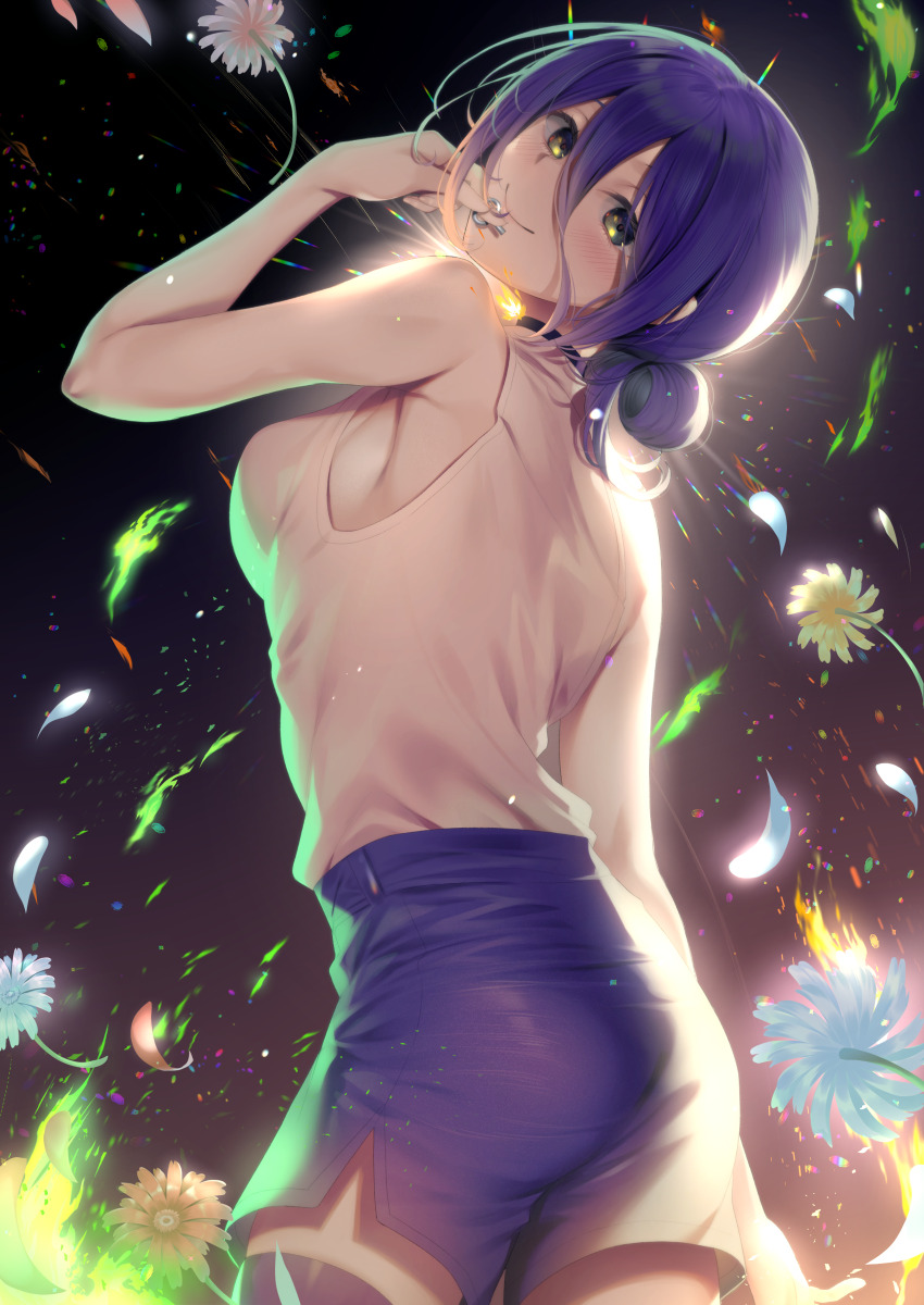 1girl absurdres black_choker black_thighhighs breasts chainsaw_man choker closed_mouth collared_shirt flower green_eyes grenade_pin hair_between_eyes highres imminent_explosion looking_at_viewer medium_breasts purple_hair purple_shorts reze_(chainsaw_man) seppukuginjiro shirt shorts sleeveless sleeveless_shirt smile solo sparks thighhighs white_flower white_shirt