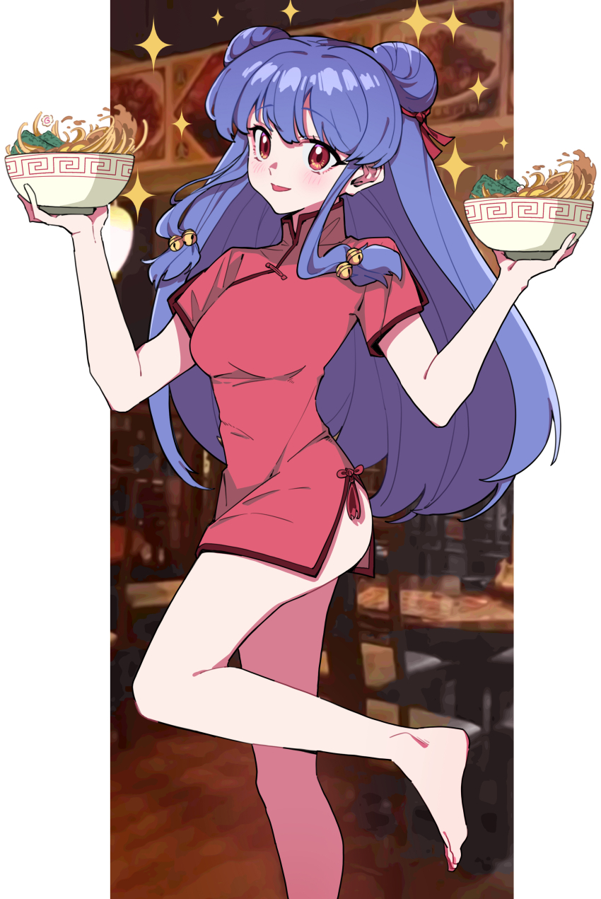 1girl absurdres bare_legs barefoot bell blush bowl brown_eyes chinese_clothes double_bun dress food hair_bell hair_bun hair_ornament highres holding holding_bowl microdress noodles photo_background purple_hair ramen ranma_1/2 red_dress shampoo_(ranma_1/2) sidelocks smile sparkle yaha0079