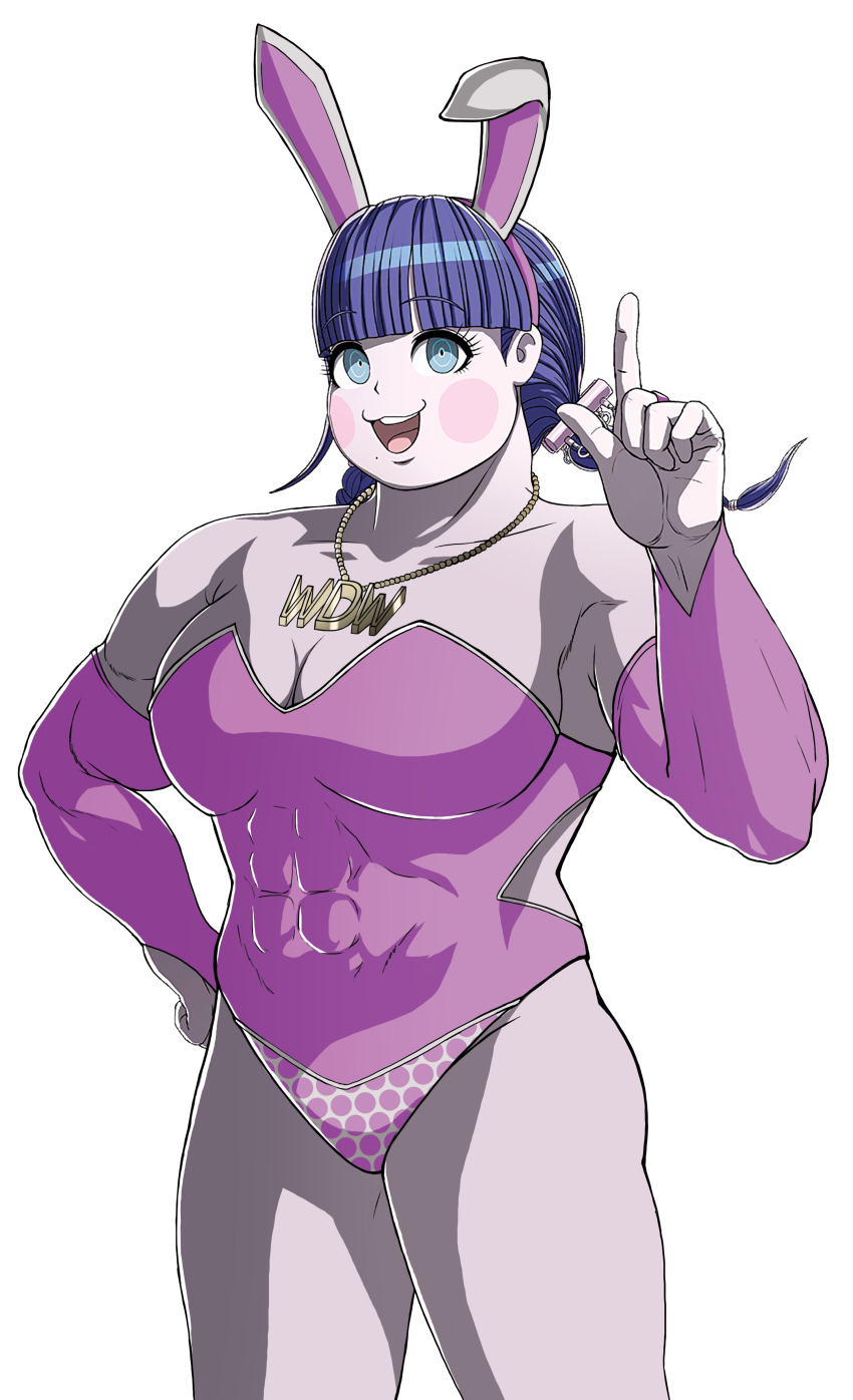 1girl abs absurdres animal_ear_hairband animal_ears blue_eyes blush bodysuit braid breasts cleavage collarbone detached_sleeves eyelashes fake_animal_ears female_focus hairband hand_up highres jewelry large_breasts leotard middinos mojiro_moko muscular muscular_female necklace open_mouth pink_bodysuit playboy_bunny pointing purple_hair rabbit_ear_hairband rabbit_ears simple_background solo solo_focus teeth the_hundred_line_-last_defense_academy- third-party_edit transparent_background twin_braids upper_teeth_only