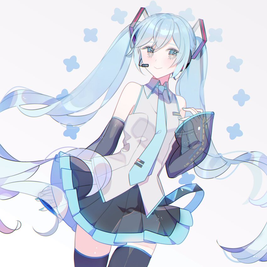 1girl aqua_eyes aqua_hair black_skirt black_sleeves commentary cowboy_shot hatsune_miku headset highres see-through_clothes see-through_sleeves shirt sidelocks skirt sleeveless sleeveless_shirt smile solo twintails vocaloid yuzuki_(yuzuplanet)