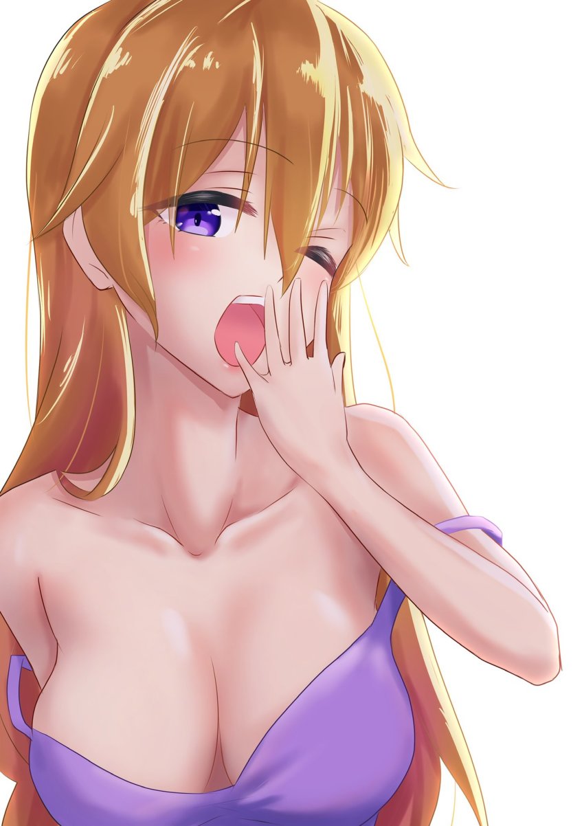 1girl artist_name artist_request bare_shoulders blush breasts brown_hair cleavage close-up collarbone female_focus hair_between_eyes hair_over_shoulder highres konoe_kanata long_hair looking_at_viewer love_live! love_live!_nijigasaki_high_school_idol_club medium_breasts one_eye_closed parted_lips pasta_(pasta_pas_ta) pasta_pas_ta purple_eyes purple_shirt shirt smile solo tired white_background yawning