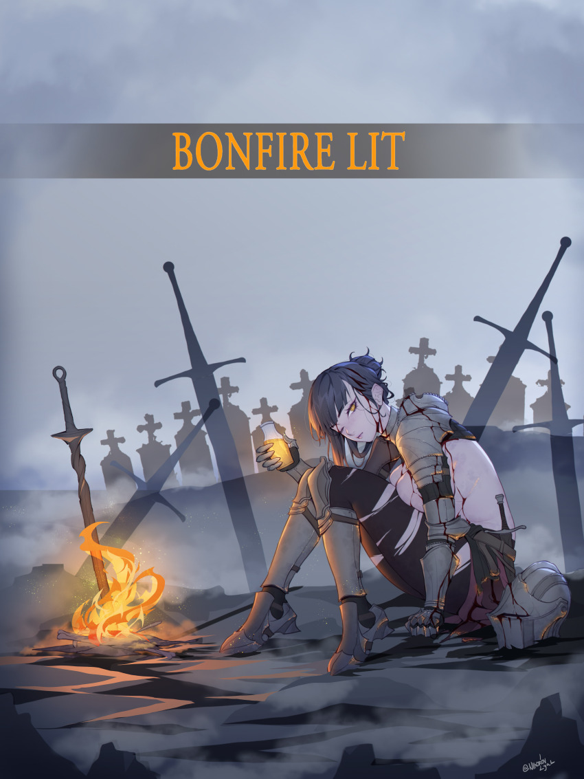 1girl absurdres armored_boots black_hair black_pantyhose bonfire_(dark_souls) boots bottle breasts dark_souls_(series) dark_souls_iii estus_flask fire from_side helm helmet highres holding holding_bottle knee_boots large_breasts liya_nikorov looking_at_viewer original outdoors pantyhose planted planted_sword planted_weapon short_hair sitting solo sword torn_clothes torn_pantyhose unworn_headwear unworn_helmet weapon