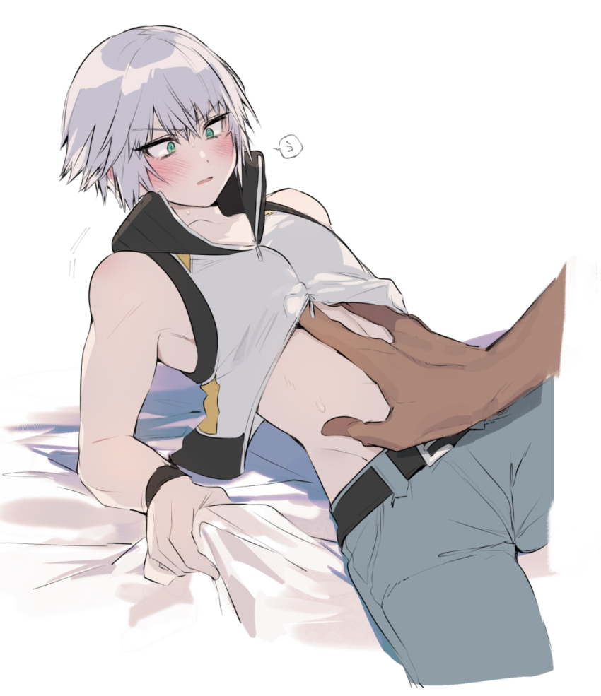 2boys ansem_seeker_of_darkness bed_sheet belt blush clothes_lift collarbone dark-skinned_male dark_skin green_eyes grey_hair hand_on_another&#039;s_stomach highres kingdom_hearts kingdom_hearts_3d:_dream_drop_distance large_hands lgw7 male_focus multiple_boys open_mouth riku_(kingdom_hearts) sheet_grab shirt_lift short_hair size_difference stomach sweat wide-eyed yaoi
