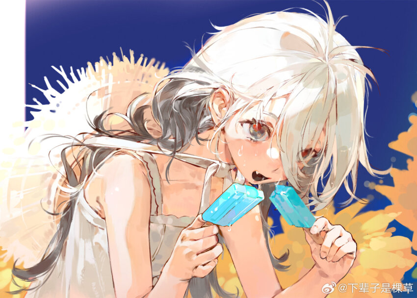 baifeidaiwang black_eyes black_hair blue_sky cloud dress food hat holding holding_food holding_ice_cream ice_cream open_mouth original sky watermark white_hair