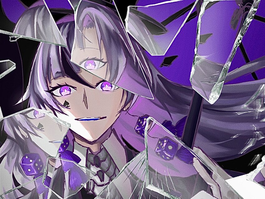 1girl app_filter black_headwear broken_glass collared_shirt commentary_request cube cube_earrings cylinder facial_tattoo glass lilith_(pgr) looking_at_viewer mechabare open_mouth punishing:_gray_raven purple_eyes purple_hair satsukillust shirt solo spade_(shape) spade_tattoo tattoo