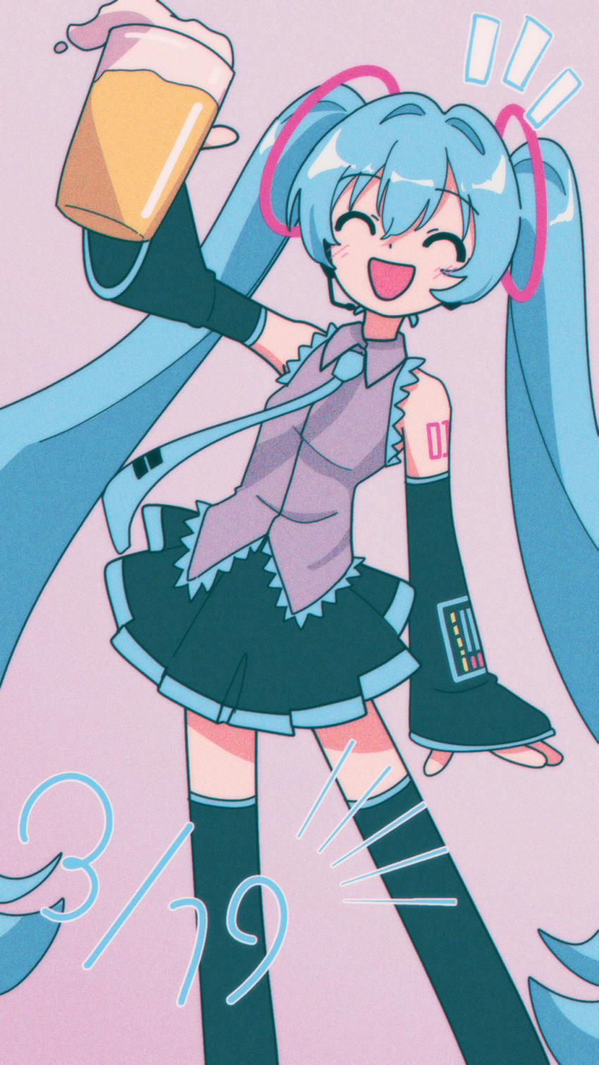 1girl :d ^_^ alcohol aqua_hair aqua_necktie bare_shoulders beer black_skirt boots closed_eyes collared_shirt commentary cup detached_sleeves grey_shirt hair_ornament hatsune_miku highres holding holding_cup long_hair necktie number_tattoo nzeneee open_mouth shirt skirt sleeveless sleeveless_shirt smile solo tattoo thigh_boots twintails very_long_hair vocaloid
