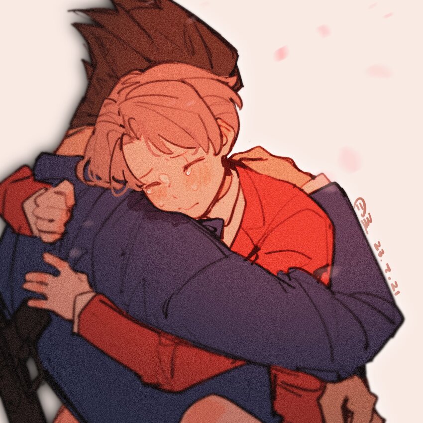 2boys a_yue_huaite ace_attorney aged_down blue_jacket brown_hair clenched_hand closed_eyes closed_mouth collared_shirt commentary crying curtained_hair dot_nose english_commentary film_grain hair_behind_ear highres hug jacket layered_sleeves long_sleeves male_focus miles_edgeworth multiple_boys phoenix_wright pink_hair red_jacket shirt short_hair suit_jacket tears upper_body white_background white_shirt wing_collar