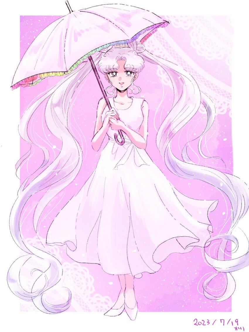 bishoujo_senshi_sailor_moon bishoujo_senshi_sailor_moon_stars dress grey_eyes hair_bun heart_hair_bun highres karikaridaka long_dress long_hair rainbow_order sailor_cosmos sleeveless smile twintails umbrella very_long_hair white_dress white_footwear white_hair