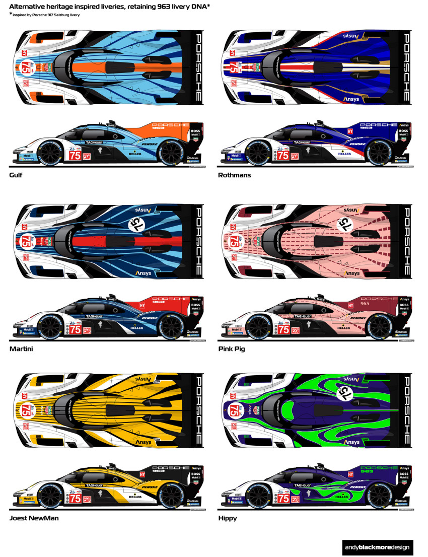absurdres andy_blackmore artist_name car commentary english_commentary highres le_mans_prototype michelin michelin_man mobil1 motor_vehicle multiple_views porsche porsche_963 race_vehicle racecar spoiler_(automobile) sponsor tag_heuer variations vehicle_focus world_endurance_championship