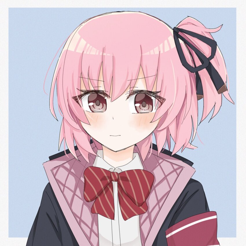 1girl armband arms_at_sides assault_lily black_jacket black_ribbon blue_background blush border bow bowtie closed_mouth collared_shirt commentary diagonal-striped_bow diagonal-striped_bowtie diagonal-striped_clothes grey_border hair_ribbon highres hitotsuyanagi_riri jacket looking_at_viewer official_alternate_costume one_side_up open_clothes open_jacket outside_border pink_bow pink_bowtie pink_eyes pink_hair red_armband ribbon sana_(hs_yp1) shirt short_hair simple_background solo striped_clothes upper_body v-shaped_eyebrows white_shirt