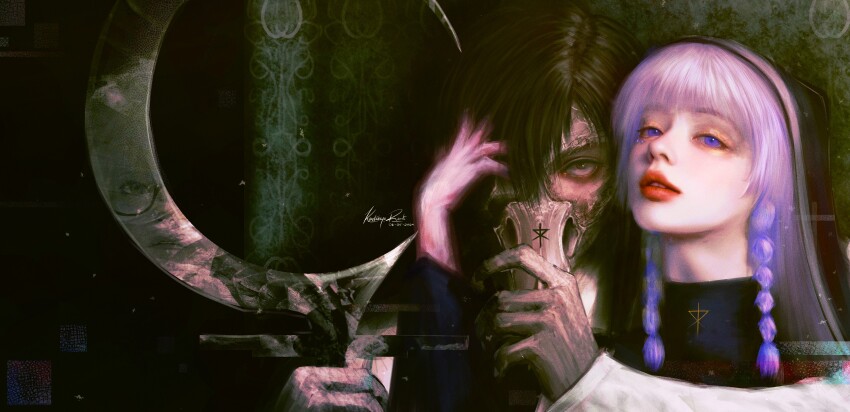 1boy 1girl absurdres black_eyes black_hair blue_eyes choujin_x cross cross_tattoo facial_tattoo hair_over_one_eye hand_on_another&#039;s_head harpe highres holding_sickle kartikeya_raut kurohara_tokio_(choujin_x) nun oil_painting_(medium) painting_(medium) red_lips shiruha_sora_(choujin_x) sickle signature tattoo traditional_media traditional_nun transformation twintails white_hair