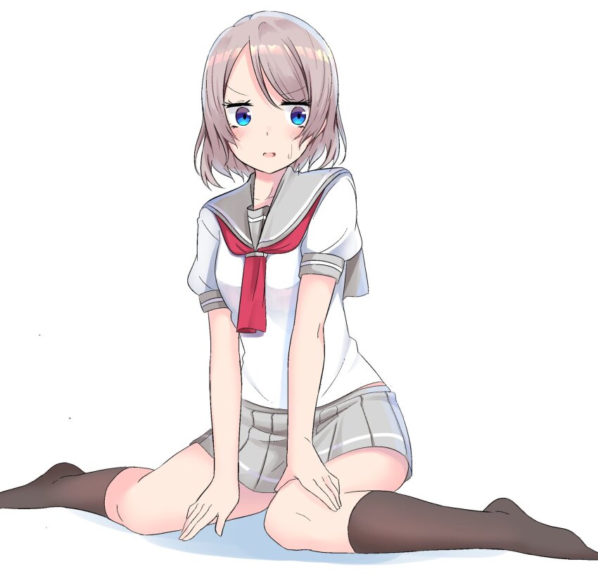 bag blue_eyes blush brown_hair dot_nose grey_hair highres kneeling loafers looking_at_viewer love_live! love_live!_sunshine!! midriff midriff_peek momose_oden navel neckerchief necktie nervous no_shoes nose open_mouth red_neckerchief red_necktie sailor_collar salute school_bag school_uniform shoes short_hair smile socks sweatdrop thighs watanabe_you