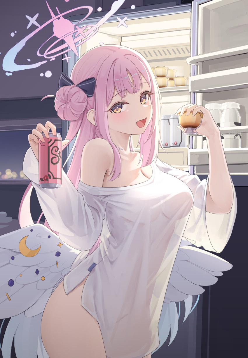 1girl alternate_costume blue_archive blush bottle breasts can commentary_request daran9 drink_can feathered_wings food hair_bun hair_ornament halo highres holding holding_can holding_food indoors long_hair long_sleeves looking_at_viewer low_wings mika_(blue_archive) milk_bottle naked_shirt open_mouth pink_hair pink_halo pudding refrigerator see-through_clothes see-through_shirt see-through_silhouette shirt single_bare_shoulder single_hair_bun single_off_shoulder single_side_bun smile solo white_wings wing_ornament wings yellow_eyes