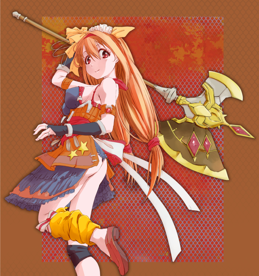 1girl arm_up armlet armor ass axe bare_shoulders battle_axe bracelet breasts bridal_gauntlets brown_eyes brown_hair closed_mouth covered_erect_nipples hair_ribbon highres holding holding_axe japanese_armor jewelry leg_warmers long_hair looking_at_viewer low_twintails magia_record:_mahou_shoujo_madoka_magica_gaiden mahou_shoujo_madoka_magica marutaya medium_breasts megumi_moka orange_armor orange_ribbon red_ribbon ribbon twintails weapon