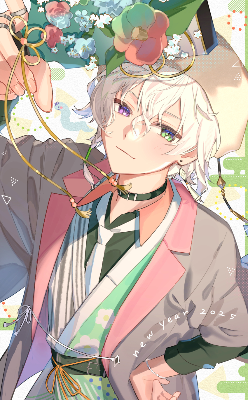 1boy absurdres brown_jacket clothing_request commentary_request cowboy_shot dated egasumi flower_request green_background green_eyes hand_on_own_hip hand_up heterochromia highres jacket male_focus matochi_(fa) murakumo_kagetsu nijisanji purple_eyes short_hair solo tagme virtual_youtuber white_background white_hair