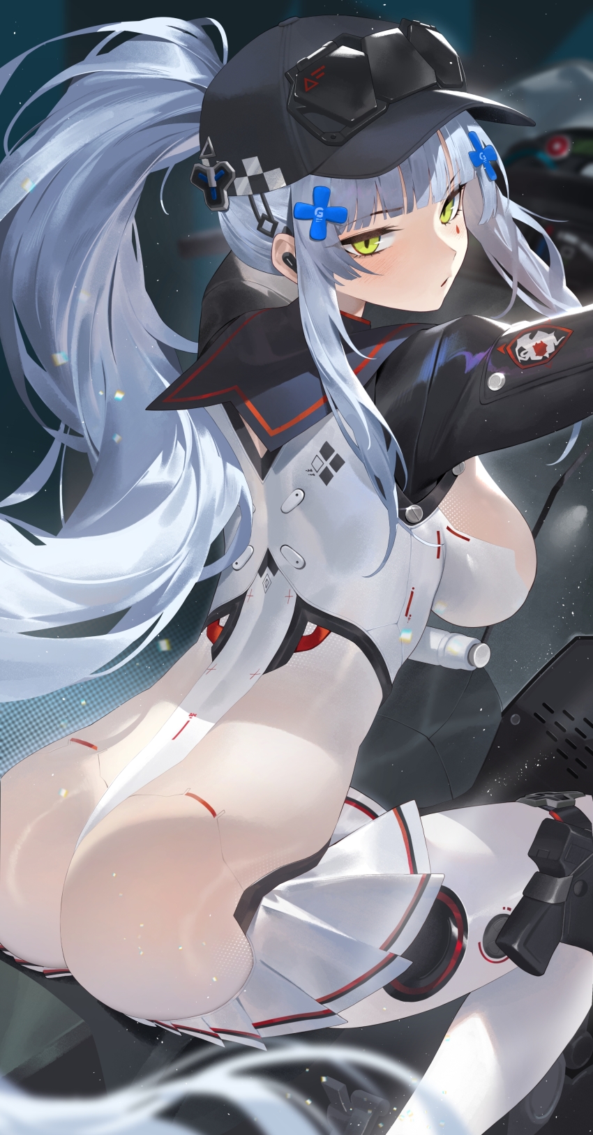 1girl absurdres ass black_hat blue_hair breasts girls&#039;_frontline girls&#039;_frontline_2:_exilium green_eyes gun hair_ornament hairclip hat highres hk416_(girls&#039;_frontline) klukai_(girls&#039;_frontline_2) klukai_(speed_star)_(girls&#039;_frontline_2) large_breasts light_blue_hair long_hair looking_at_viewer looking_back motor_vehicle motorcycle on_motorcycle ponytail ramuri sidelocks tattoo teardrop_tattoo thigh_strap weapon
