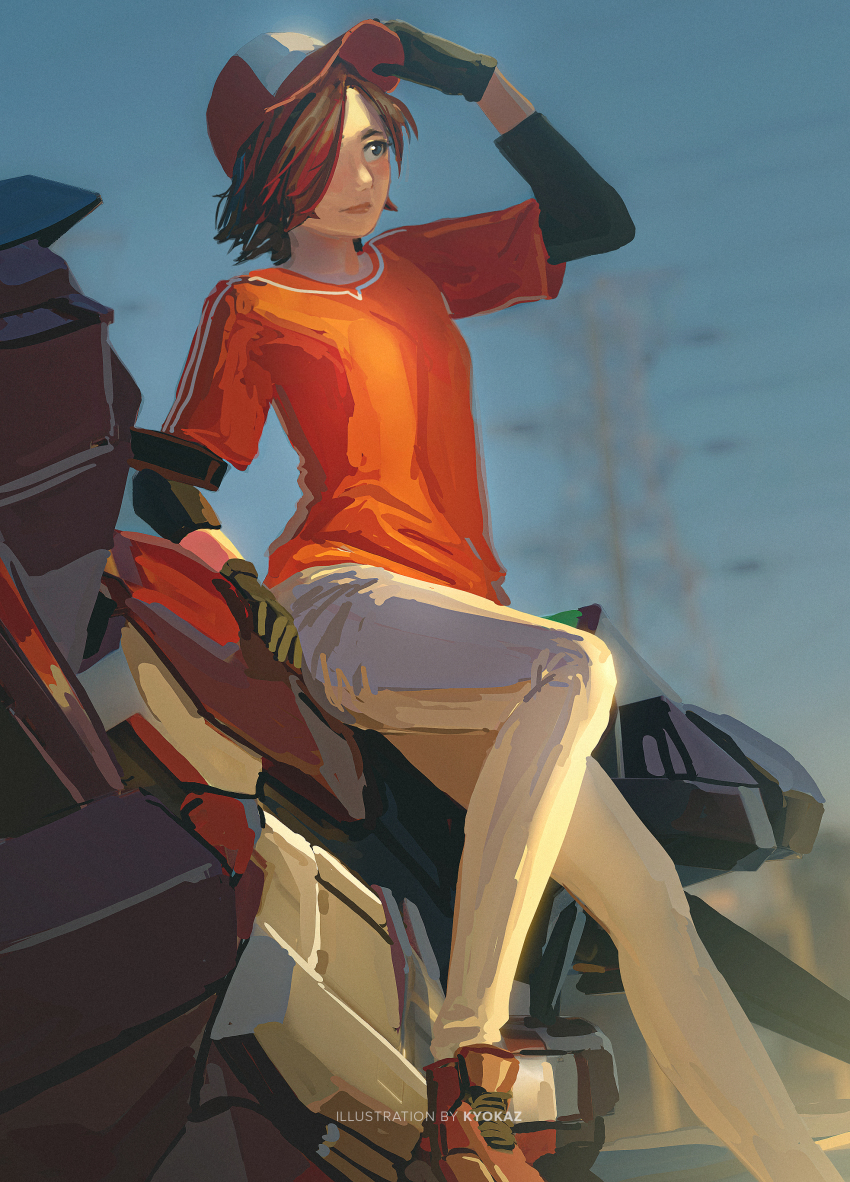 1girl absurdres baseball_cap black_gloves blurry blurry_background brown_hair closed_mouth commentary english_commentary faiz_azhar gloves hair_over_one_eye hand_up hat highres layered_sleeves long_sleeves motor_vehicle motorcycle multicolored_hair one_eye_covered orange_shirt original outdoors pants red_footwear red_hair red_hat riva_isamu shirt short_hair short_over_long_sleeves short_sleeves solo streaked_hair transmission_tower white_pants