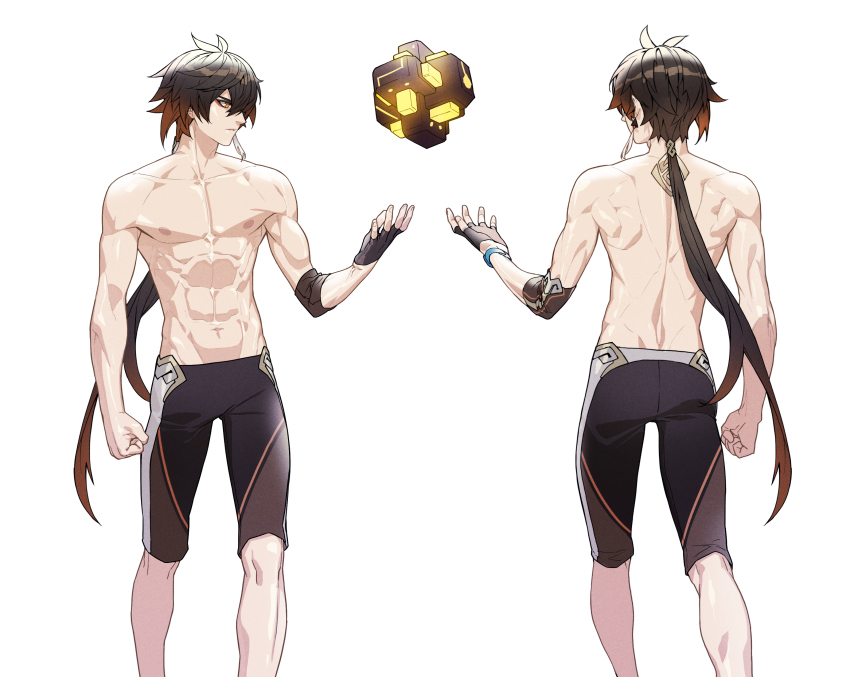 1boy abs absurdres black_gloves black_hair black_jammers black_male_swimwear brown_hair clenched_hand closed_mouth earrings fingerless_gloves from_behind genshin_impact gloves gradient_hair hair_between_eyes haje highres jammers jewelry korean_commentary long_hair male_focus male_swimwear multicolored_hair multiple_views nipples ponytail simple_background single_earring solo_focus swimsuit tassel tassel_earrings toned toned_male topless_male very_long_hair white_background zhongli_(genshin_impact)