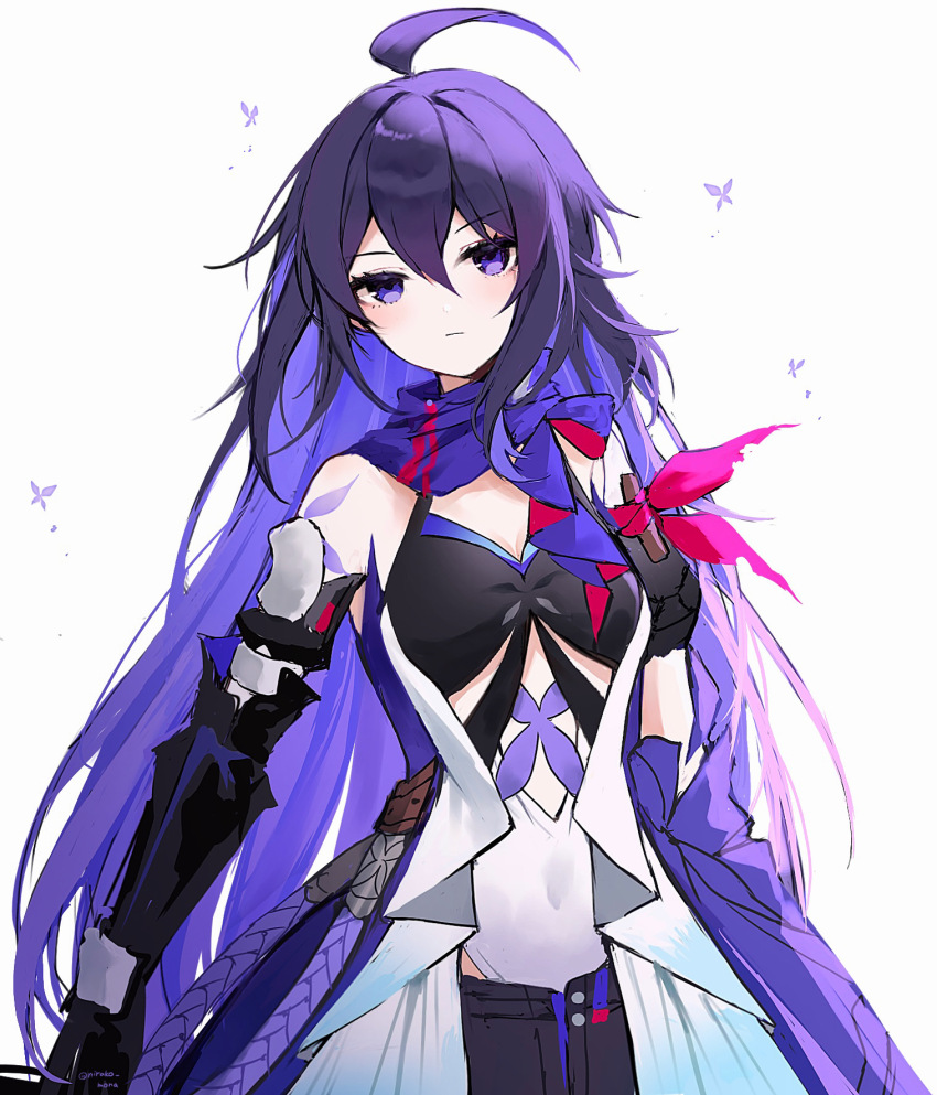 1girl ahoge asymmetrical_clothes breasts cleavage honkai:_star_rail honkai_(series) long_hair looking_at_viewer nirako_mona parted_bangs purple_eyes purple_hair purple_scarf red_scarf scarf seele_(honkai:_star_rail) short_shorts shorts upper_body very_long_hair white_background