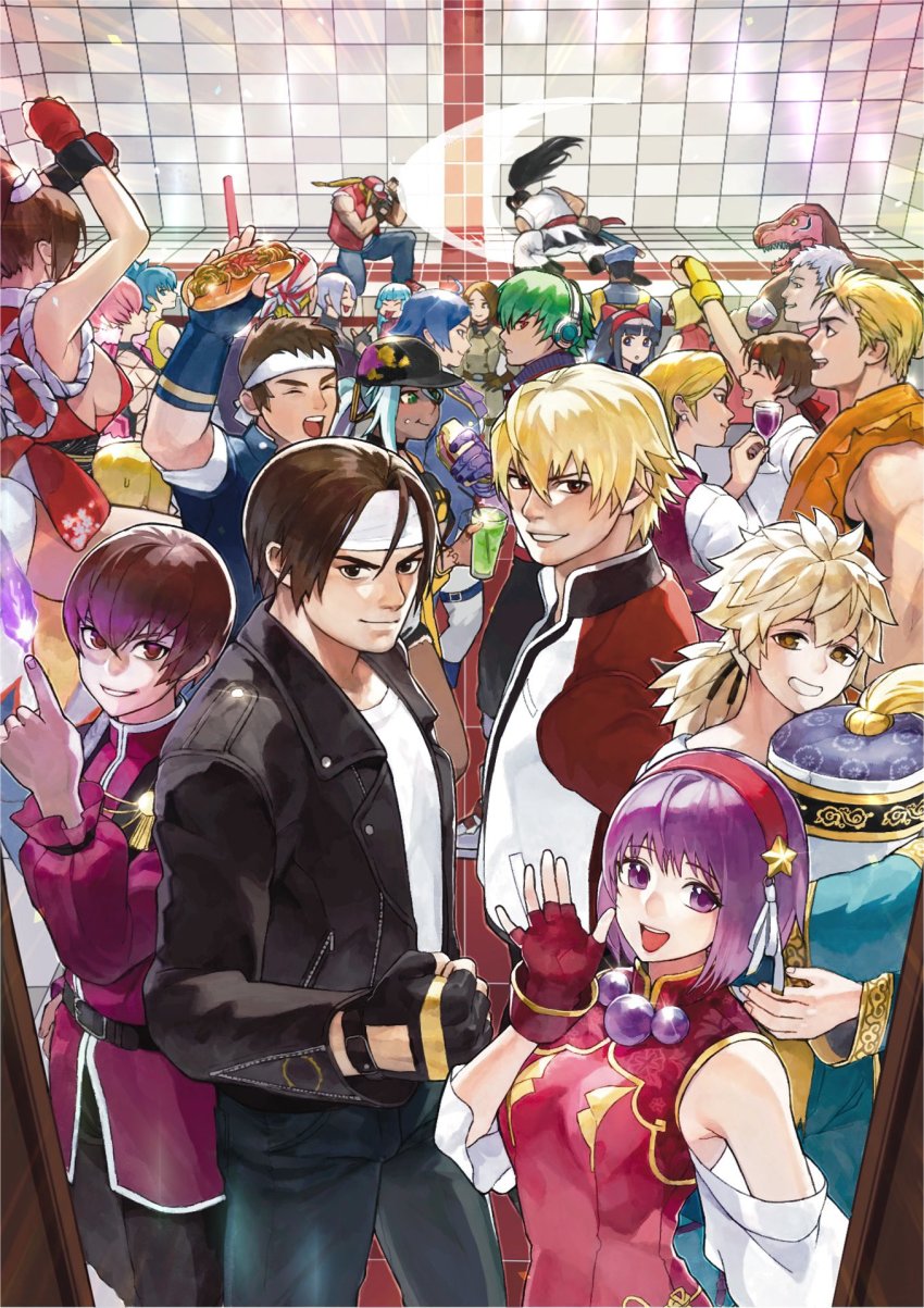 6+boys 6+girls angel_(kof) asamiya_athena baseball_cap blonde_hair crossover denim dinosaur_boy dinosaur_costume dougi earrings fatal_fury fatal_fury_cap fingerless_gloves fire garou:_mark_of_the_wolves gloves hair_ribbon haoumaru hat highres isla_(kof) jeans jewelry king_of_dinosaurs kula_diamond leona_heidern meitenkun multiple_boys multiple_girls nakoruru nanakase_yashiro ninja oni_gini orochi_chris pants ponytail pyrokinesis red_footwear ribbon rock_howard ryuuko_no_ken samurai_spirits shermie_(kof) shiranui_mai shoes shun&#039;ei sneakers snk star_(symbol) tank_top terry_bogard the_king_of_fighters the_king_of_fighters_xv triangle_earrings vest yuri_sakazaki