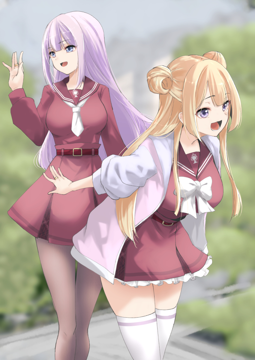 2girls :d arm_at_side arm_behind_back assault_lily belt belt_buckle blonde_hair blue_eyes blue_jacket blunt_bangs blurry blurry_background body_switch bow bowtie breasts brown_pantyhose brown_sailor_collar buckle bush commentary_request commission day double_bun feet_out_of_frame frilled_skirt frills hair_bun hand_up high-waist_skirt highres hood hood_down hooded_jacket jacket jewelry kanba_girls_high_school_uniform large_breasts leaning_forward long_hair long_sleeves looking_ahead miniskirt miyagawa_takane multicolored_jacket multiple_girls necktie open_clothes open_jacket open_mouth outdoors pantyhose personality_switch pink_hair pink_jacket purple_eyes red_belt red_shirt red_skirt ring sailor_collar school_uniform serafuku shirt short_necktie sidelocks skeb_commission skirt sleeves_pushed_up smile standing tamba_akari thighhighs urutsu_sahari white_bow white_bowtie white_necktie white_thighhighs zettai_ryouiki