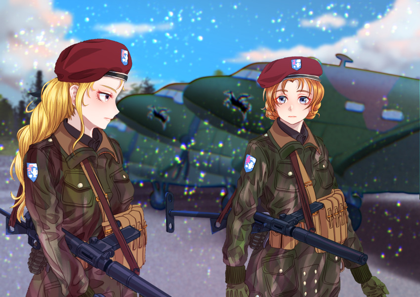 2girls alternate_costume assam_(girls_und_panzer) belt beret blonde_hair blue_eyes blue_sky blurry blurry_background braid closed_mouth cloud cloudy_sky coat commentary day depth_of_field emblem explosive frown girls_und_panzer gloves green_coat green_gloves grenade hat highres light_frown long_hair looking_at_viewer looking_to_the_side military military_hat military_uniform multiple_girls orange_hair orange_pekoe_(girls_und_panzer) outdoors parted_bangs red_headwear short_hair sky st._gloriana&#039;s_(emblem) standing sten_gun tigern_(tigern28502735) twin_braids utility_belt world_war_ii